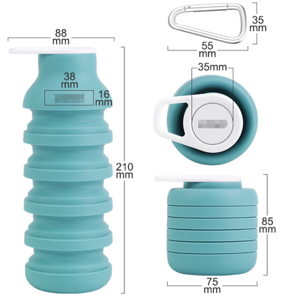 Blue Collapsible Silicone Water Bottle Portable Travel Sports Cup with Carabiner Clip Foldable Design for Camping Hiking & Gym Teal.