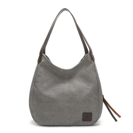 Grey Women's Canvas Hobo Handbag Multi-Compartment Shoulder Tote Bag Minimalist Casual Purse 30cm for Work Shopping & Travel.