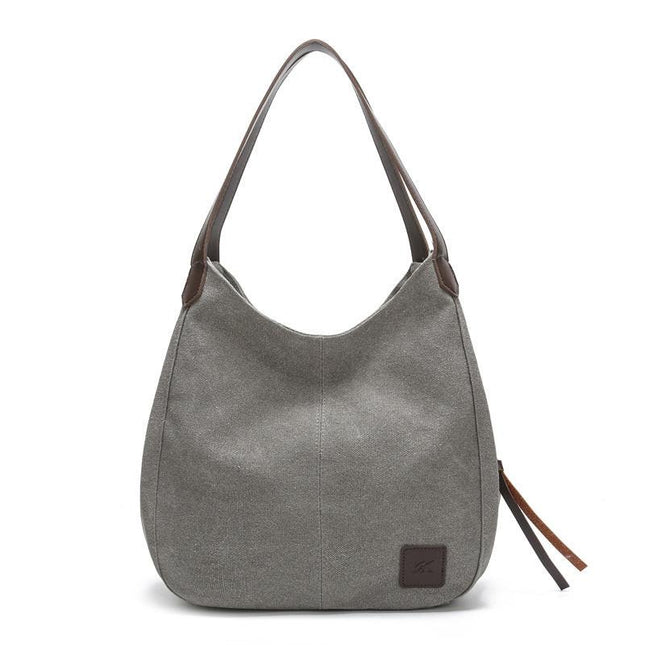 Grey Women's Canvas Hobo Handbag Multi-Compartment Shoulder Tote Bag Minimalist Casual Purse 30cm for Work Shopping & Travel.
