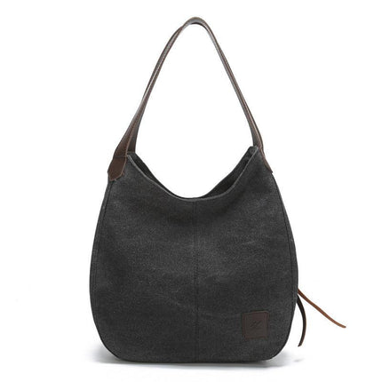 Black Women's Canvas Hobo Handbag Multi-Compartment Shoulder Tote Bag Minimalist Casual Purse 30cm for Work Shopping & Travel.
