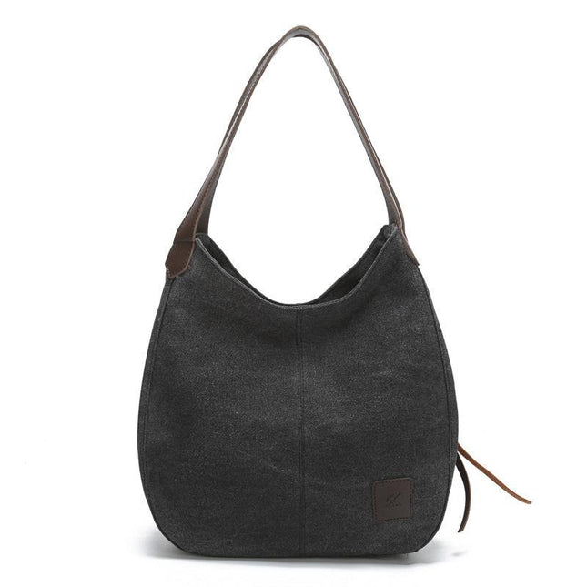 Black Women's Canvas Hobo Handbag Multi-Compartment Shoulder Tote Bag Minimalist Casual Purse 30cm for Work Shopping & Travel.