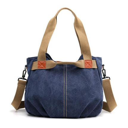 Dark Blue Women's Retro Canvas Tote Bag Large Capacity Shoulder Handbag Adjustable Crossbody Strap 35cm for Travel Work & Daily Use.