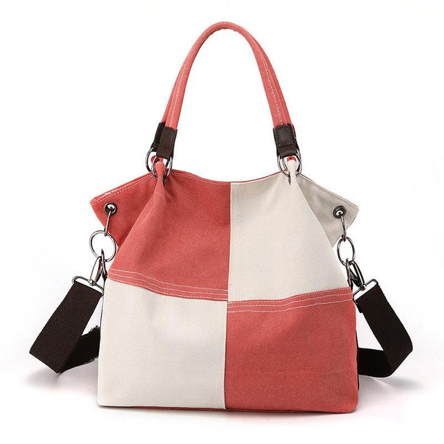 Red Women's Canvas Patchwork Tote Bag Large Capacity Shoulder Handbag Fits A4 Magazine Adjustable Crossbody Strap 34cm for Work & School.