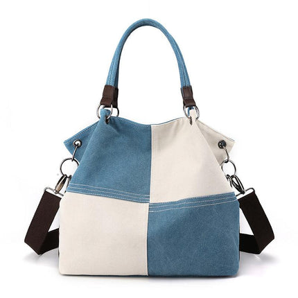 Blue Women's Canvas Patchwork Tote Bag Large Capacity Shoulder Handbag Fits A4 Magazine Adjustable Crossbody Strap 34cm for Work & School.