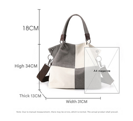 Blue Women's Canvas Patchwork Tote Bag Large Capacity Shoulder Handbag Fits A4 Magazine Adjustable Crossbody Strap 34cm for Work & School.
