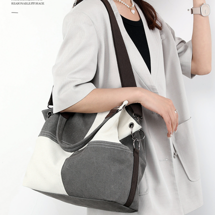 Blue Women's Canvas Patchwork Tote Bag Large Capacity Shoulder Handbag Fits A4 Magazine Adjustable Crossbody Strap 34cm for Work & School.