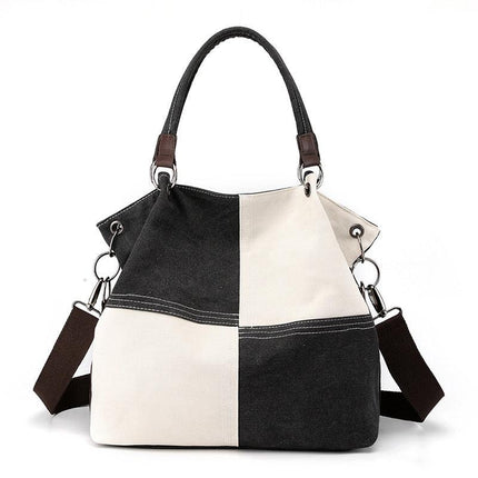 Black Women's Canvas Patchwork Tote Bag Large Capacity Shoulder Handbag Fits A4 Magazine Adjustable Crossbody Strap 34cm for Work & School.