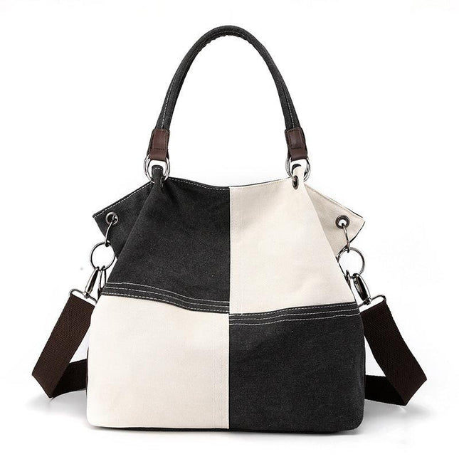 Black Women's Canvas Patchwork Tote Bag Large Capacity Shoulder Handbag Fits A4 Magazine Adjustable Crossbody Strap 34cm for Work & School.