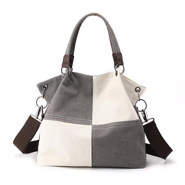 Grey Women's Canvas Patchwork Tote Bag Large Capacity Shoulder Handbag Fits A4 Magazine Adjustable Crossbody Strap 34cm for Work & School.