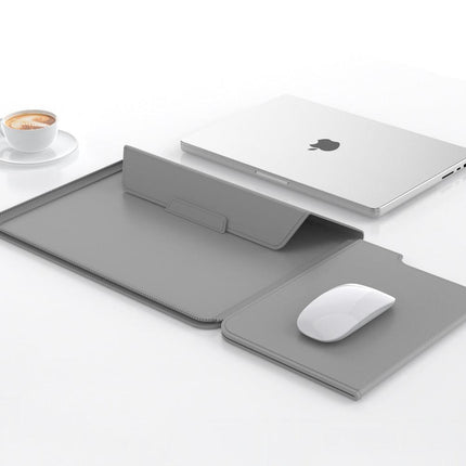 3-in-1 Detachable PU Leather Laptop Sleeve with Ergonomic Stand & Mouse Pad(grey  13/14 inch).