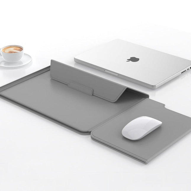 3-in-1 Detachable PU Leather Laptop Sleeve with Ergonomic Stand & Mouse Pad(grey  13/14 inch).