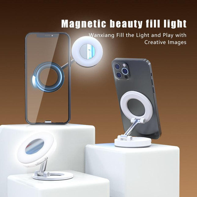 White 2-in-1 Folding Portable Selfie Light and Magnetic Phone Stand - Vlogging Ring Light with Adjustable Kickstand, Three-Color Soft Light &  USB Rechargeable.