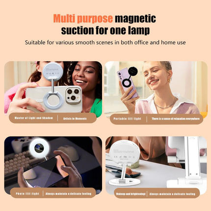 White 2-in-1 Folding Portable Selfie Light and Magnetic Phone Stand - Vlogging Ring Light with Adjustable Kickstand, Three-Color Soft Light &  USB Rechargeable.