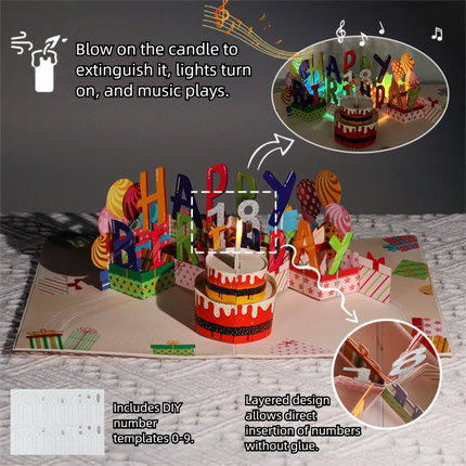 Interactive 3D Pop-Up Birthday Card with Music, Light.