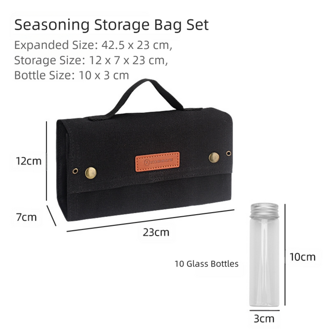 Black canvas spice storage box (9.1 x 4.7 x 2.8 inches) With 10 bottles.
