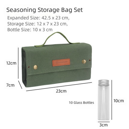 Green canvas spice storage box (9.1 x 4.7 x 2.8 inches) With 10 bottles.
