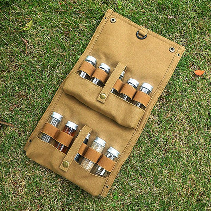 Green canvas spice storage box (9.1 x 4.7 x 2.8 inches) With 10 bottles.