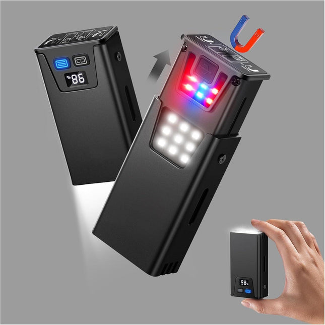 Black Magnetic Flashlight: Spotlight, COB Flood,  Red&Blue Warning.