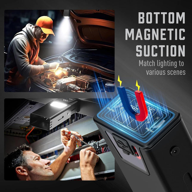 Black Magnetic Flashlight: Spotlight, COB Flood,  Red&Blue Warning.