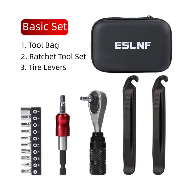 Compact Bicycle Ratchet Tool Kit - Bidirectional Wrench,Magnetic Bits & Tire Levers.