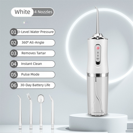 White Cordless Water Flosser, USB Rechargeable with 4 Tips.