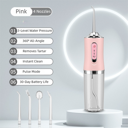 Pink Cordless Water Flosser, USB Rechargeable with 4 Tips.