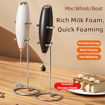 White Battery-Powered Frother and Whisk with Stand.