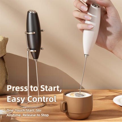 White Battery-Powered Frother and Whisk with Stand.