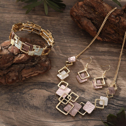 Geometric Inlay Earrings Necklace Bracelet Jewelry Set × 2 – Peacock Green & Brown.