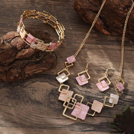 Geometric Inlay Earrings Necklace Bracelet Jewelry Set × 2 – Peacock Green & Pink.