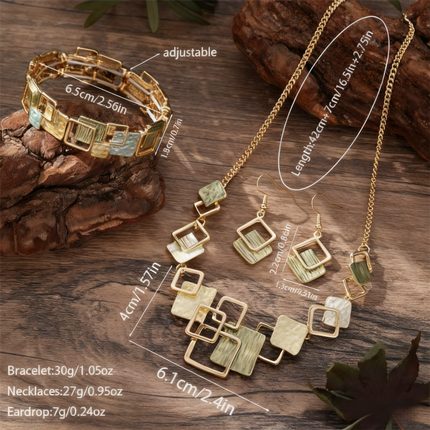 Geometric Inlay Earrings Necklace Bracelet Jewelry Set × 2 – Light Green & Brown.