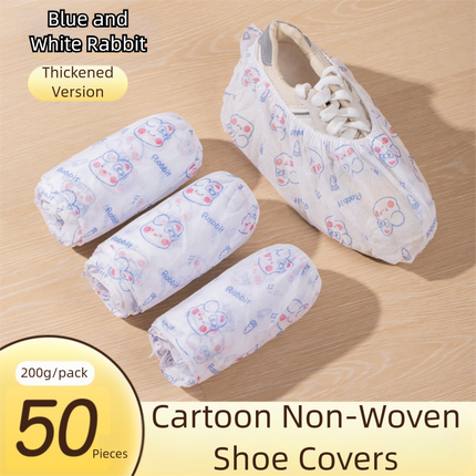 50 Pieces Thickened Non-Woven Disposable Shoe Covers (Blue Rabbit) – Universal Fit (EU Size 34-45) for Guests & Floor Protection.