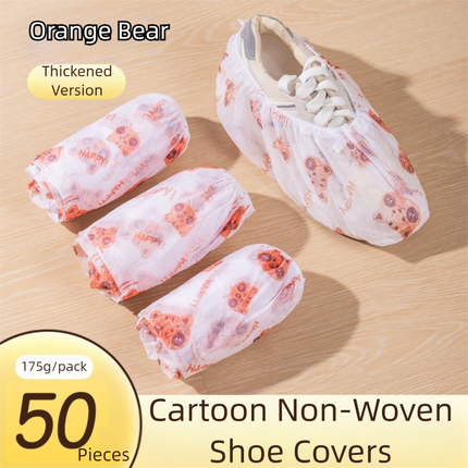 50 Pieces Thickened Non-Woven Disposable Shoe Covers (Orange Bear) – Universal Fit (EU Size 34-45) for Guests & Floor Protection.