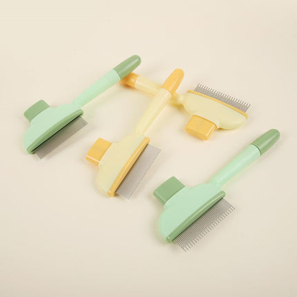 4-Pack Self-Cleaning Pet Brush Set – Stainless Steel Deshedding Slicker Combs (2 Long Pin & 2 Dual Pin) in Green & Yellow Tones.