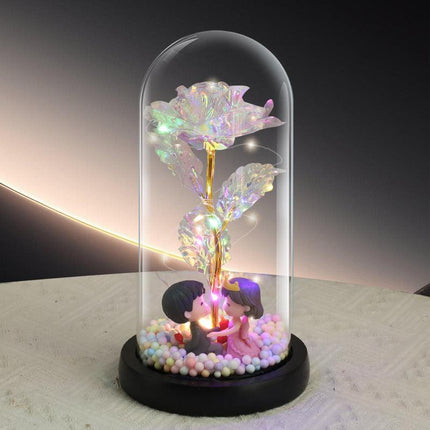 Wedding Couple Figurine Colorful Rose LED Light – Anniversary Flower Gift in Glass Dome for Her, Mom, or Girlfriend.