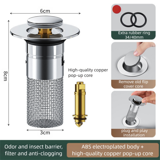 2-Pack Pop-Up Sink Stopper with Hair Catcher – Standard (34-40mm) Drain Filter,Basin Drain Filter Upgrade.