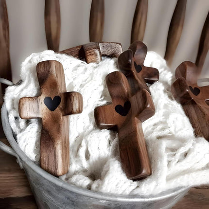 Set of 5 White Peachwood Heart Cross – Multi-functional Spiritual Symbols for Home and Office, Religious, Ornaments Mini.
