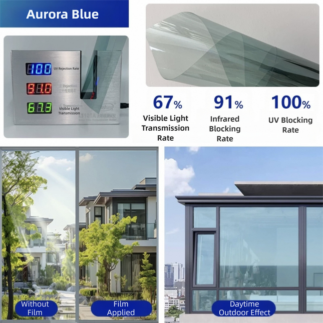 Premium 6-Layer Aurora Blue Window Film for Home/Office – Reflective One-Way Privacy, 50cm x 2m One Roll, UPF 50+ UV Block,With Full Install Tools.