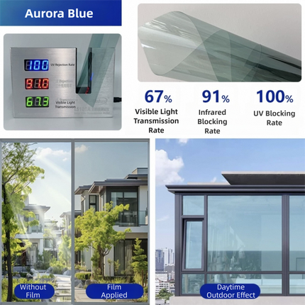 Premium 6-Layer Aurora Blue Window Film for Home/Office – Reflective One-Way Privacy, 50cm x 2m One Roll, UPF 50+ UV Block,With Full Install Tools.