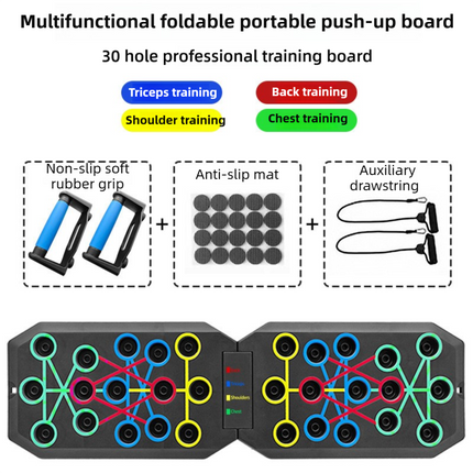 30-Hole Black Foldable Push Up Board with Resistance Bands & Non-Slip Grips for Home Gym.