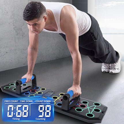 30-Hole Black Foldable Smart Push Up Board with Digital Counter/Timer, Resistance Bands for Full Body Home Workout.