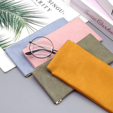 3-Pieces PU Blue Leather Glasses Pouch(18 * 8 CM) – Water Resistant, Soft Lining, Snap Closure, Universal Storage.
