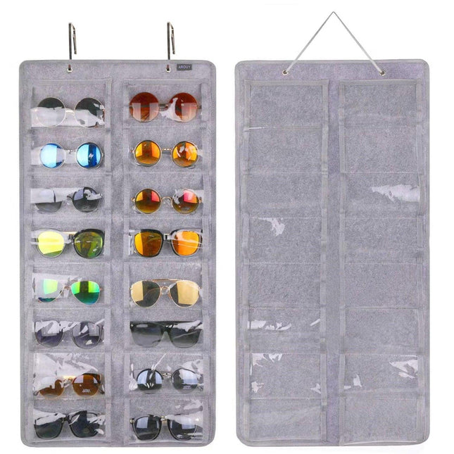 16 Slot Grey Felt Hanging Sunglass Organizer(40 * 80 CM) – Foldable Wall Mount Eyewear Storage Rack.