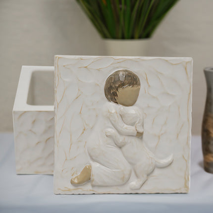 Resin Pet Urn Keepsake Box(8.5*8.5*5.3CM) – Child Hugging Dog Cremation Memorial.