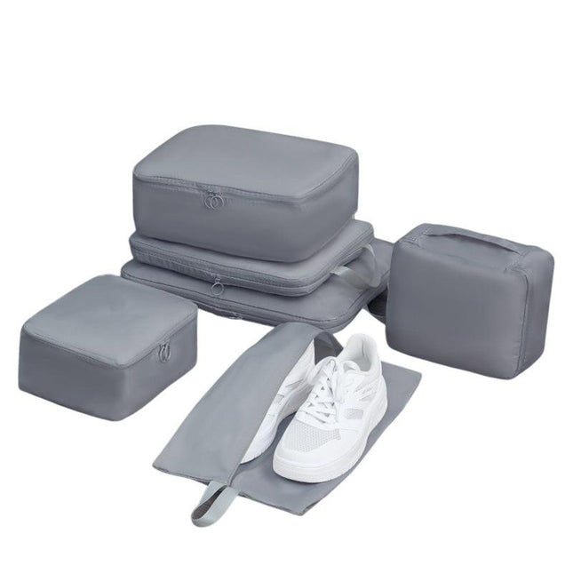 6-Piece Grey Memory Fabric Travel Compression Packing Cubes Set - Waterproof, Anti-Wrinkle Luggage Organizer & Space Saver.