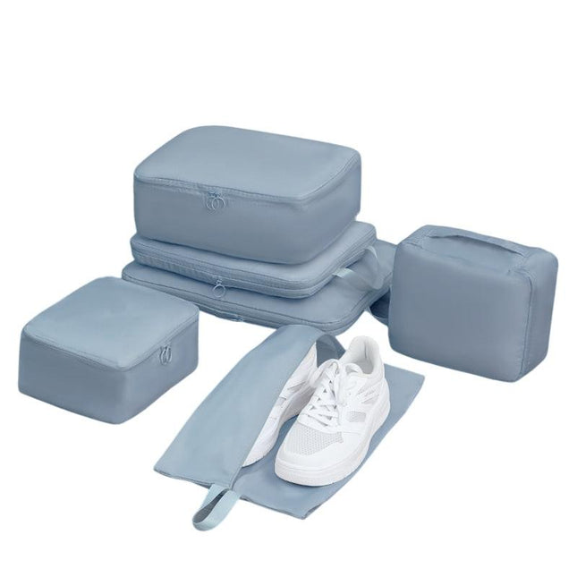6-Piece Blue Memory Fabric Travel Compression Packing Cubes Set - Waterproof, Anti-Wrinkle Luggage Organizer & Space Saver.