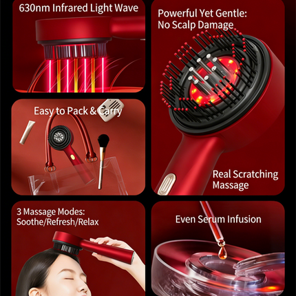 Red Luxury Red-Light Therapy Electric Scalp Massager Comb with Liquid Applicator - 3 Modes Vibration for Hair Growth & Relaxation.