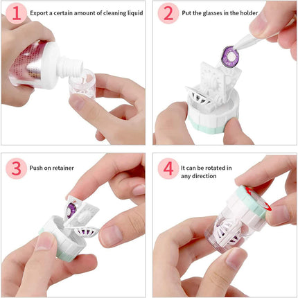 4-PCS Blue Manual Rotation Contact Lens Cleaner Case - Portable Cosmetic Lenses Storage Container & Travel Cleaning Kit.