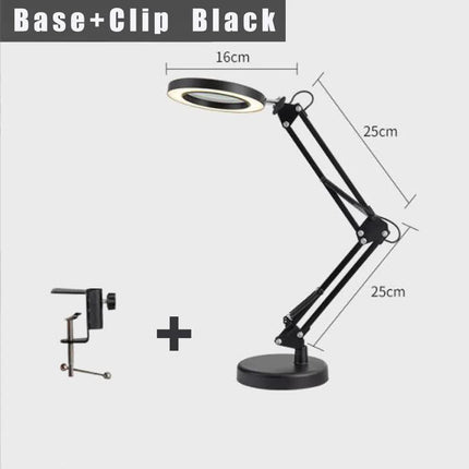 2-in-1 Black LED Magnifier Desk Lamp With Base and Clip - Hands-Free, Dimmable 3-Color Light for Crafts & Workbench.