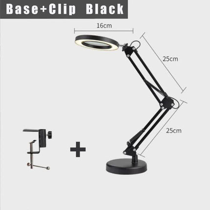 2-in-1 Black LED Magnifier Desk Lamp With Base and Clip - Hands-Free, Dimmable 3-Color Light for Crafts & Workbench.